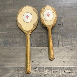 Elegant Gold Tone and Cream Vintage vanity beveled Rose Makeup Brush Set